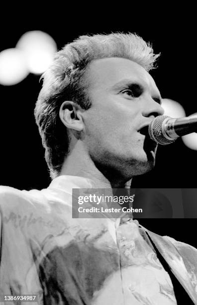 English musician, singer, songwriter and actor, Sting, of the English rock band The Police, sings on stage during A Conspiracy of Hope concert on...