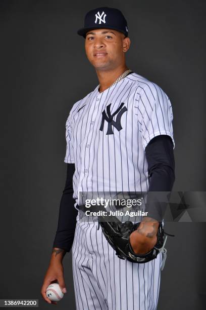 Luis Gil of the New York Yankees poses for a picture during media day 2022 at George M. Steinbrenner Field on March 15, 2022 in Tampa, Florida.