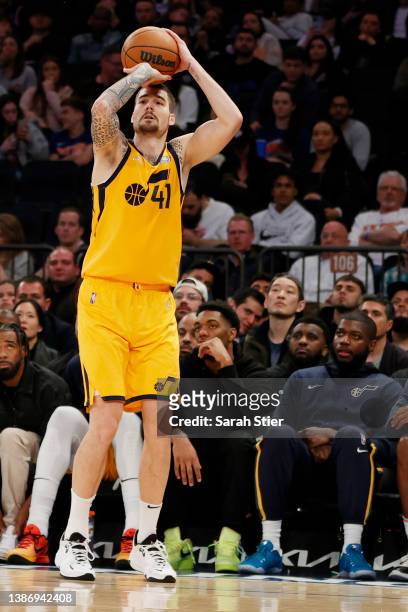 Juancho Hernangomez of the Utah Jazz shoots the ball during the second half against the New York Knicks at Madison Square Garden on March 20, 2022 in...