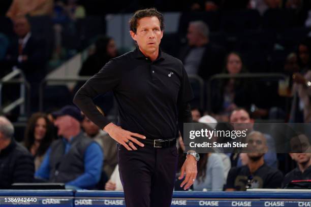 Head coach Quin Snyder of the Utah Jazz looks on during the second half against the New York Knicks at Madison Square Garden on March 20, 2022 in New...