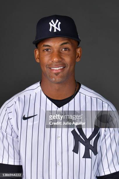 Miguel Andújar of the New York Yankees poses for a picture during media day 2022 at George M. Steinbrenner Field on March 15, 2022 in Tampa, Florida.