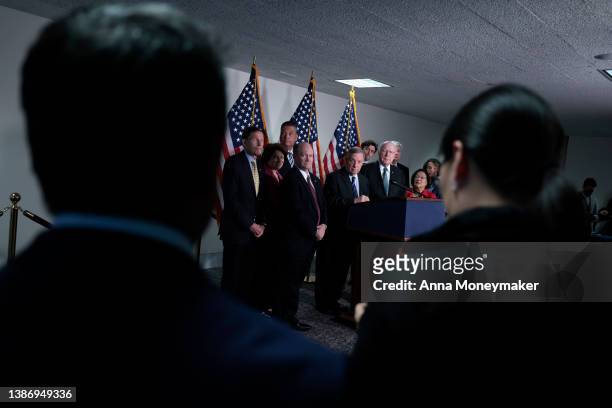 Committee Chairman Richard Durbin speaks to reporters, alongside Senate Democrats, following the first day of the Senate Judiciary Committee hearing...