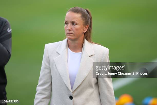 Head Coach Casey Stoney of the San Diego Wave FC walks onto the field before a game between San Diego Wave FC and Angel City FC at Titan Stadium on...