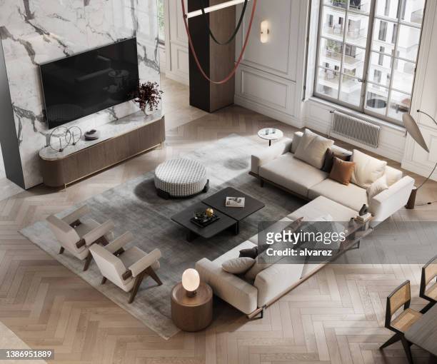 3d rendering of a lavish apartment interior - three dimensional tv stock pictures, royalty-free photos & images