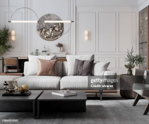 3d rendering of cozy sofa in living room - cozy kitchen stockfoto's en -beelden