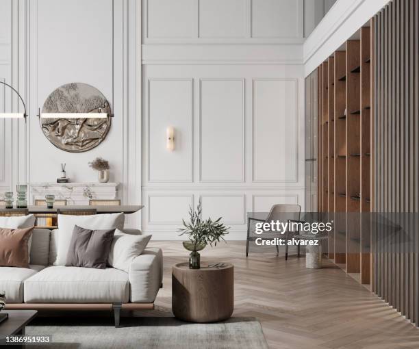 3d rendering on luxurious apartment interior - showcase imagens e fotografias de stock