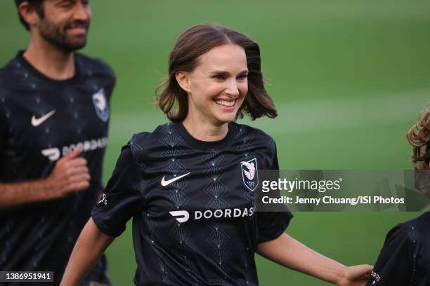 Angel City FC Founder Natalie Portman runs off the field before a game between San Diego Wave FC and Angel City FC at Titan Stadium on March 19, 2022...