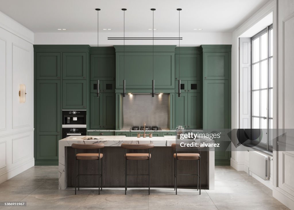 Interior de cocina moderna con pared verde