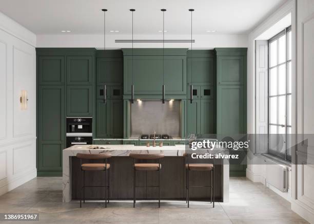 interior de cocina moderna con pared verde - isla de cocina fotografías e imágenes de stock