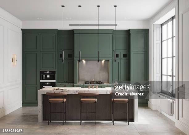 modern kitchen interior with green wall - contemporary kitchen stock pictures, royalty-free photos & images