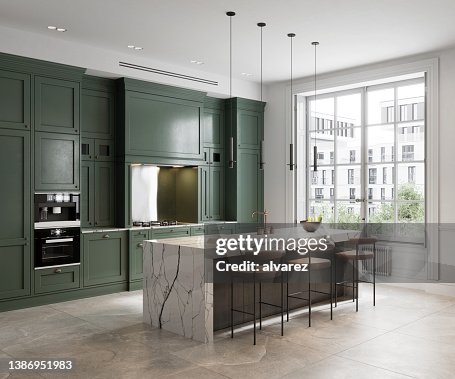 Representación 3D del diseño de cocina simple con pared verde Representación 3D del diseño de cocina simple con pared verde