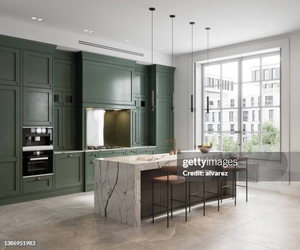 rendu 3d de la conception simple de la cuisine avec mur vert - styles photos et images de collection