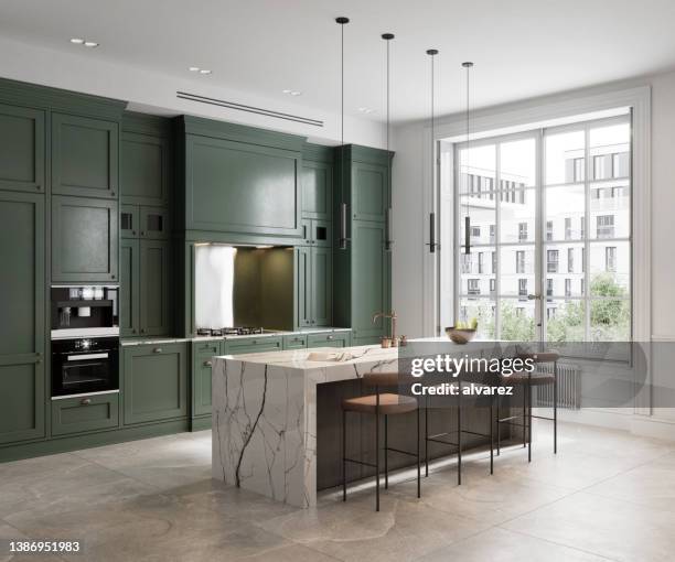 rendering 3d di un semplice design della cucina con parete verde - brightly lit foto e immagini stock