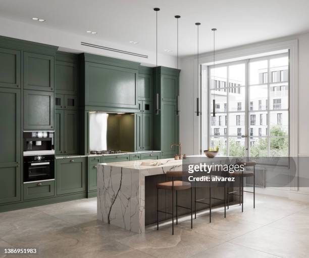 3d rendering of simple kitchen design with green wall - brightly lit 個照片及圖片檔
