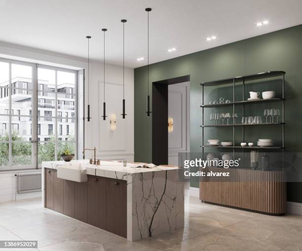 representación 3d del lujoso diseño de cocina con pared verde - interior design fotografías e imágenes de stock