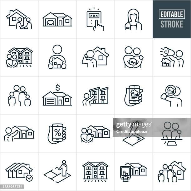 ilustraciones, imágenes clip art, dibujos animados e iconos de stock de inicio bienes raíces iconos de línea delgada - trazo editable - house icon