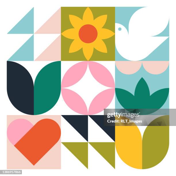 moderne geometrische grafik – friedlicher frühling - children's advocacy illustration group stock-grafiken, -clipart, -cartoons und -symbole