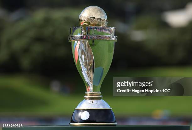 The ICC Woman's Cricket World Cup trophy is seen ahead of the 2022 ICC Women's Cricket World Cup match between South Africa and Australia at Basin...