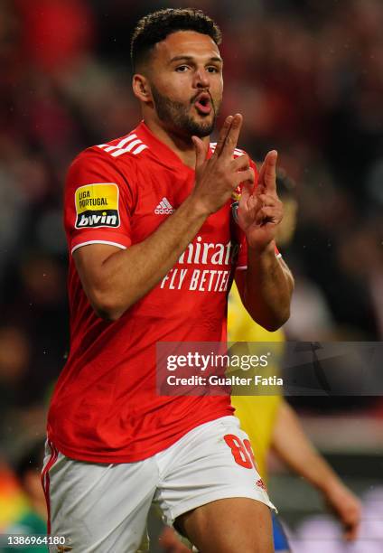 Goncalo Ramos of SL Benfica celebrates after scoring a goal during the Liga Bwin match between SL Benfica and GD Estoril Praia SC at Estadio da Luz...