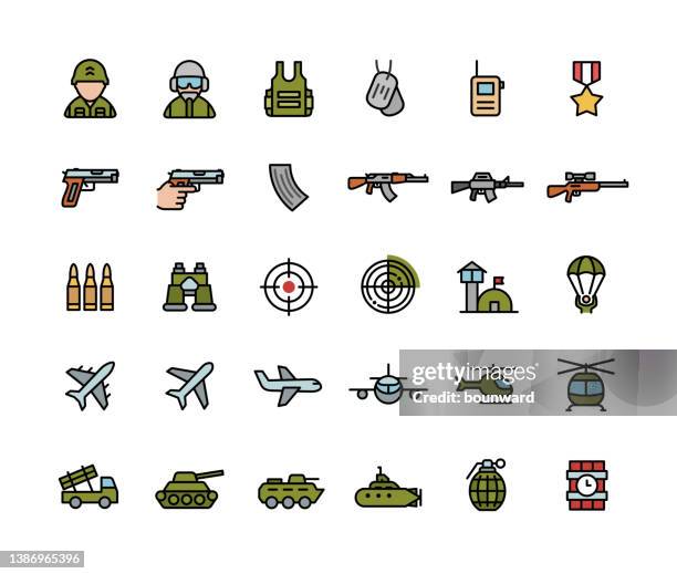 bildbanksillustrationer, clip art samt tecknat material och ikoner med defense industry line color icons editable stroke - ammunition