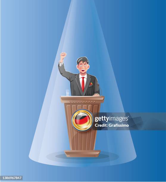 ilustrações, clipart, desenhos animados e ícones de político atrás de palanque de madeira tribuna rostrum falando em conferência levantou punho e bandeira alemã - primeiro ministro