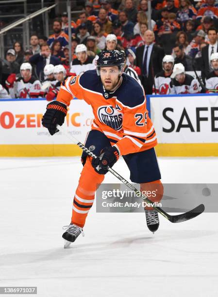 Leon Draisaitl of the Edmonton Oilers skates during the game against the New Jersey Devils on March 19, 2022 at Rogers Place in Edmonton, Alberta,...