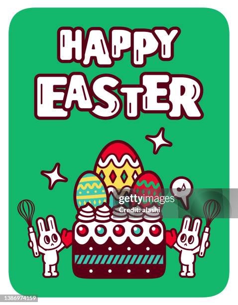 happy easter handwriting text and two bunnies holding an egg beater and wearing an oven mitt and a big easter cake that has easter eggs on it - easter cake stock illustrations