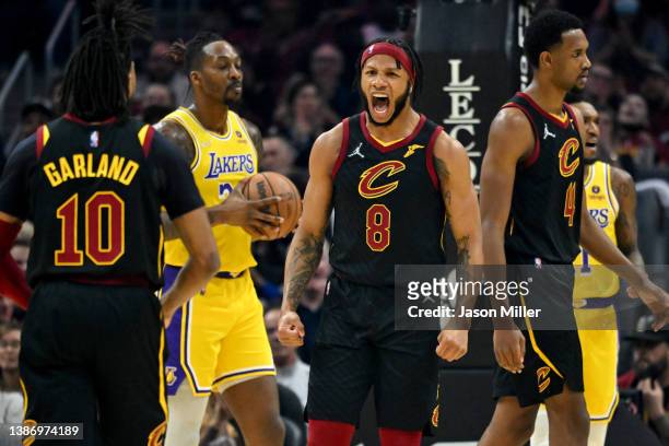 Lamar Stevens of the Cleveland Cavaliers reacts after scoring during the first quarter against the Los Angeles Lakers at Rocket Mortgage Fieldhouse...