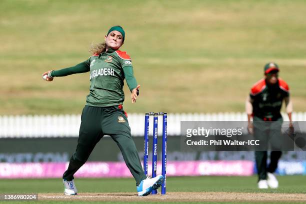Jahanara Alam of Bangladesh bowls during the 2022 ICC Women's Cricket World Cup match between India and Bangladesh at Seddon Park on March 22, 2022...