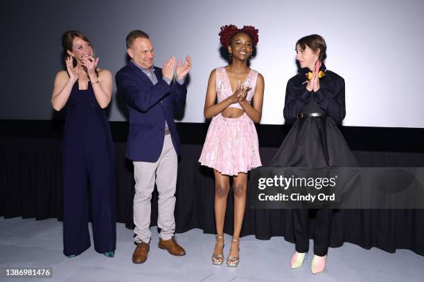 Michelle Federer, Norbert Leo Butz , Aria Brooks and Rueby Wood speak onstage at a special New York screening of Disney's "Better Nate Than Ever" at...