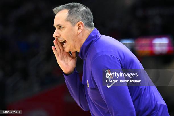 Head coach Frank Vogel of the Los Angeles Lakers yells to his players during the fourth quarter against the Cleveland Cavaliers at Rocket Mortgage...