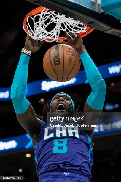 Montrezl Harrell of the Charlotte Hornets dunks the ball against the New Orleans Pelicans in the third quarter during their game at Spectrum Center...