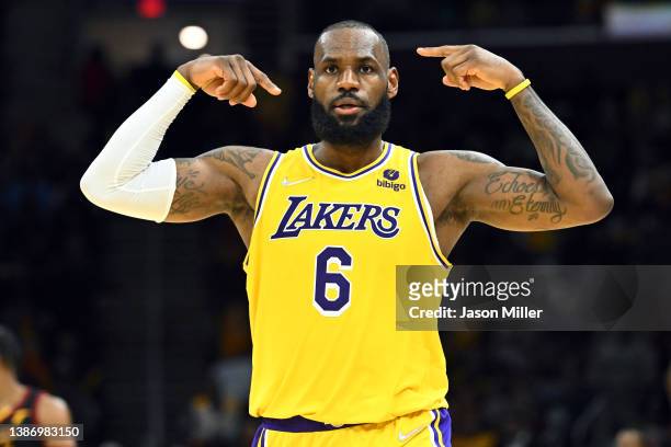 LeBron James of the Los Angeles Lakers celebrates during the fourth quarter against the Cleveland Cavaliers at Rocket Mortgage Fieldhouse on March...