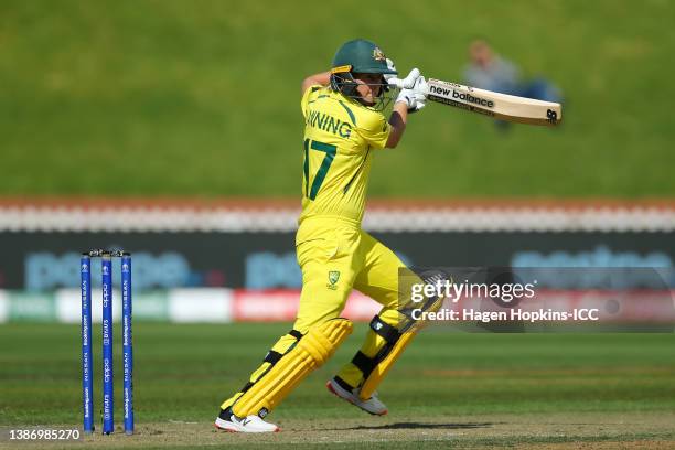 Meg Lanning of Australia bats during the 2022 ICC Women's Cricket World Cup match between South Africa and Australia at Basin Reserve on March 22,...