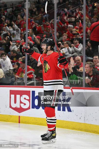 Taylor Raddysh of the Chicago Blackhawks skates against the Winnipeg Jets on March 20, 2022 at the United Center in Chicago, Illinois.