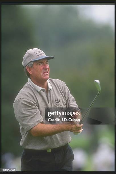 Dave Stockton completes a downswing shot during the Toshiba Senior Classic at the Mesa Verde Country Club in Costa Mesa, California. Mandatory...