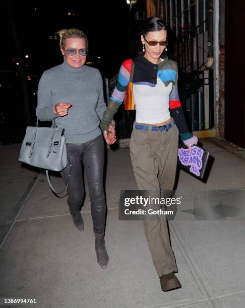 Yolanda Hadid and Bella Hadid head to dinner at Bond St. Sushi on March 21, 2022 in New York City.