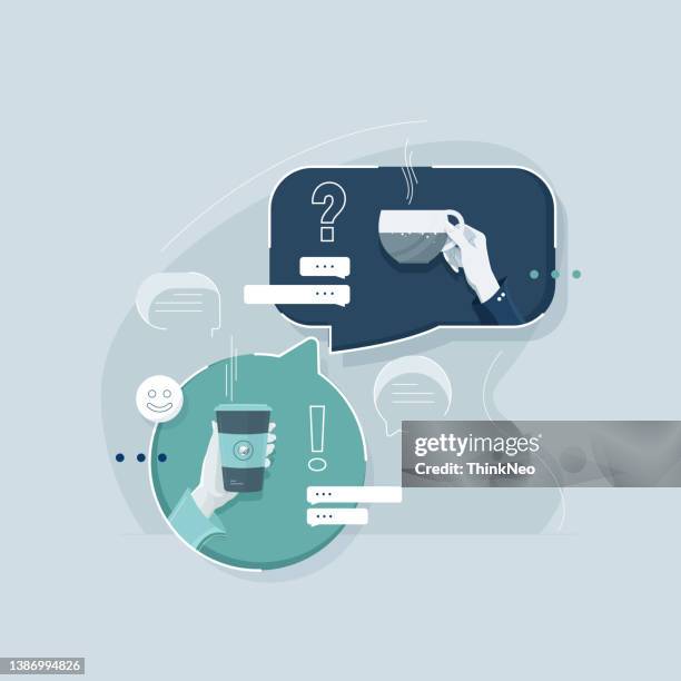 speech bubble with coffee cup, coffee break, discussion with hot drink - breakfast meeting stock illustrations