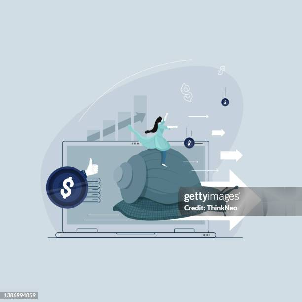 slow and secure moving concept, businesswoman moving forward - perfect timing stock illustrations