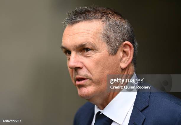 Jeff Hopkins the coach of Melbourne Victory speaks to the media during an A-League Womens media opportunity at AAMI Park on March 22, 2022 in...