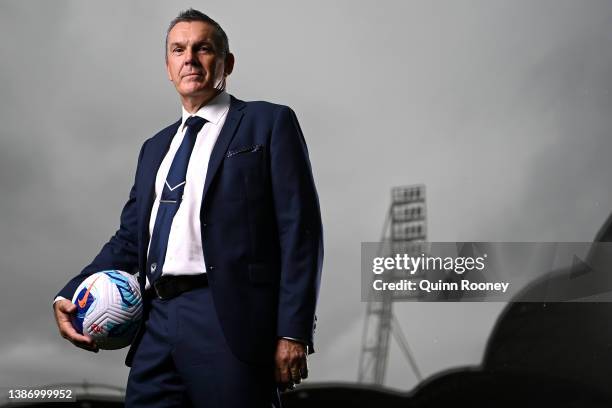 Jeff Hopkins the coach of Melbourne Victory poses during an A-League Womens media opportunity at AAMI Park on March 22, 2022 in Melbourne, Australia.