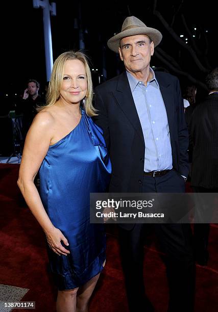 Singer James Taylor and Kim Smedvig arrive at the 2012 MusiCares Person of the Year Tribute to Paul McCartney held at the Los Angeles Convention...