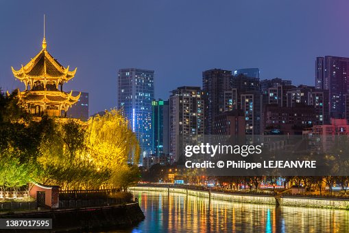 Chengdu city skyline at night with WangJiangLou pagoda Chengdu city skyline at night with WangJiangLou pagoda
