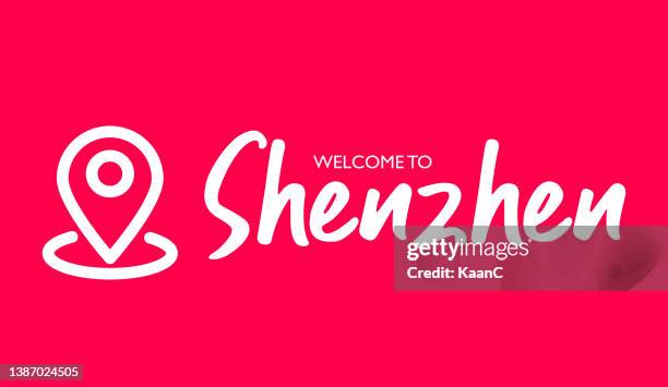 illustrazioni stock, clip art, cartoni animati e icone di tendenza di shenzhen. lettering vettoriale del nome della città. icona a forma di perno della mappa e illustrazione vettoriale del nome della città. - shenzhen