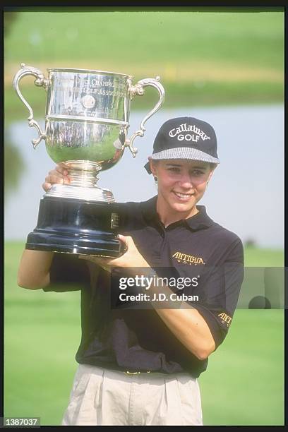 Annika Sorenstam holds proudly her trophy during the U.S. Women''s Open tournament at the Broadmoor Golf Club in Colorado Springs, Colorado.