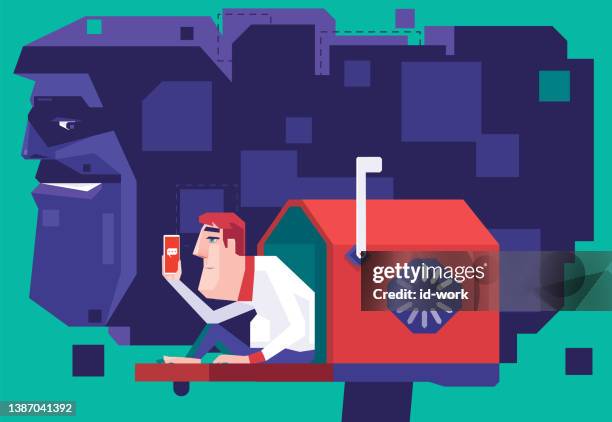 nerd looking at smartphone with mailbox and scammer hiding - man caught cheating stock illustrations