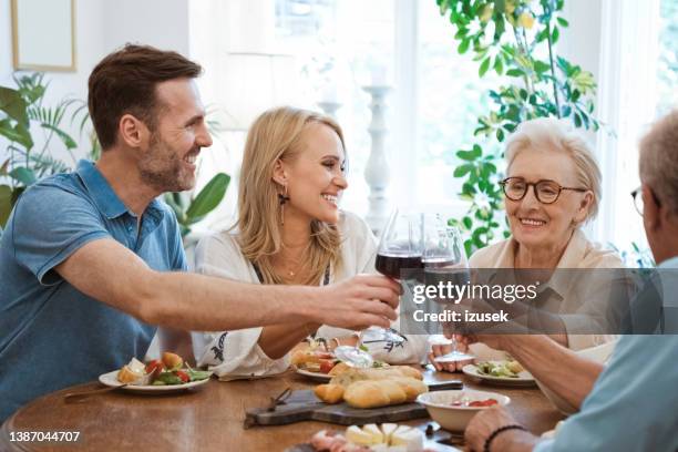 happy family toasting wineglasses at lunch party - schoondochter stockfoto's en -beelden