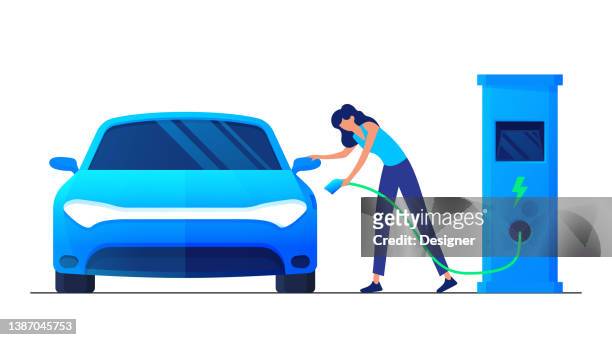 elektroauto konzept vektor illustration - electric car eps stock-grafiken, -clipart, -cartoons und -symbole