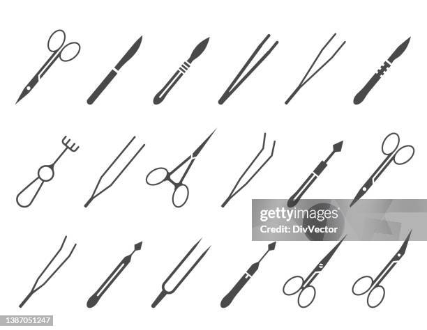 ilustraciones, imágenes clip art, dibujos animados e iconos de stock de conjunto de iconos de instrumentos quirúrgicos - tijeras quirúrgicas