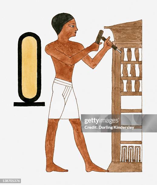 illustration of ancient egyptian craftsman holding hammer and chisel - chisel stock illustrations